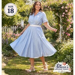 Vintage Blue White Striped Midi Dress Belted Size 18 Pockets Cottagecore